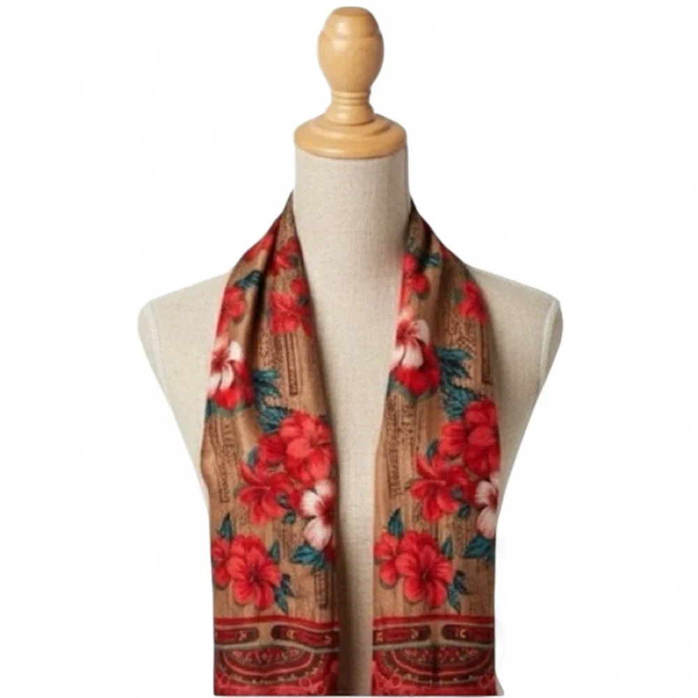 Oscar de la Renta Silk Scarf Vintage Red Gold Floral Paisley Oblong 53” Luxury - Picture 10 of 10